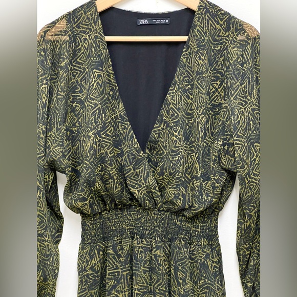 Zara Women's Black Green Polyester Mini Dress Elastic Waist & Wrist Band Size S - Picture 3 of 8